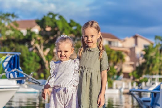 Two little girls take a delightful stroll along the yacht marina, their faces filled with wonder as they explore the world of boats and the sparkling waters.