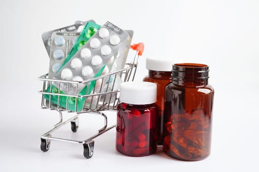 Shopping trolley with blister pill and capsule from drug prescription, pharmacy for treatment health medicine.