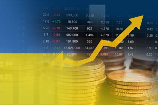 Ukraine flag with stock market finance, economy trend graph digital technology.