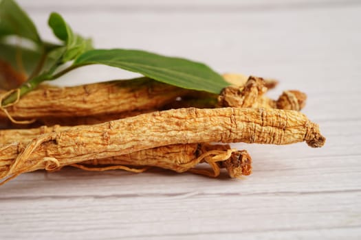 Ginseng roots and green leaf, organic nature healthy food.