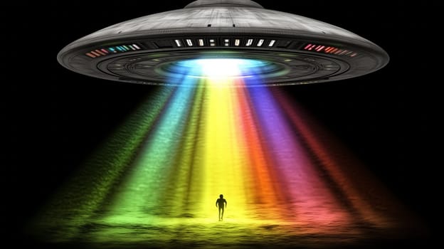 Rainbow colored light beam illuminating person below alien spaceship hovering at night.