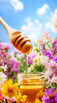 Honey dripping from honey dipper into a glass jar surrounded by colorful flowers with a blue sky background.
