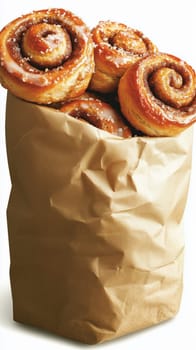 Freshly baked cinnamon rolls with icing sugar are spilling out of a paper bag