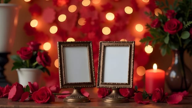 A cozy scene featuring a framed photo of a couple surrounded by gentle holiday decorations and warm light. High quality photo