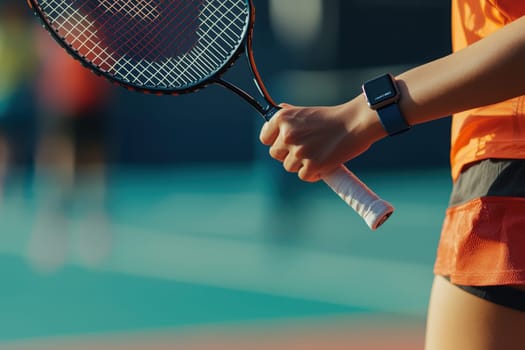 A dedicated badminton player uses a fitness tracker on a vibrant outdoor court, emphasizing a commitment to an active lifestyle. the scene blends sports and technology, showcasing the integration of fitness and modern wearable devices.