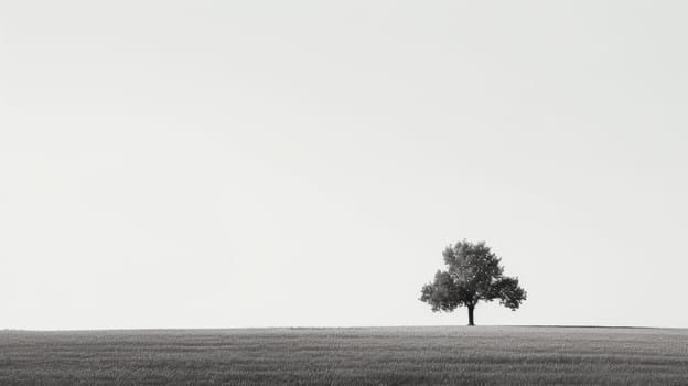 A minimalist black and white photograph featuring a lone tree in an expansive field. this stark composition emphasizes solitude and introspection, capturing the serenity of an unadulterated landscape with a timeless aesthetic.