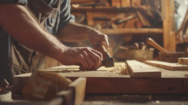 A skilled carpenter works diligently, hammering wooden planks to construct a furniture frame. the workshop is filled with woodworking tools and materials, emphasizing craftsmanship and the art of furniture making in a rustic setting.