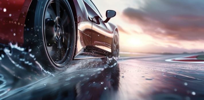 A dynamic action shot of a sports car braking hard on a racetrack, showcasing the brake pads' performance under extreme conditions. the image conveys a sense of speed, power, and precision in a high-adrenaline motorsport environment.