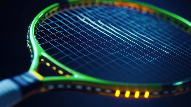 A badminton racket equipped with an led display showcasing advanced technology for monitoring shot speed and impact force. the design highlights modern enhancements in sports equipment, focusing on precision and performance.