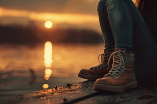 Young woman seated on a pier, feet dangling as the sun sets over a tranquil lake. the scene conveys a sense of peace and introspection, with warm hues reflecting across the water, ideal for themes of relaxation and contemplation.