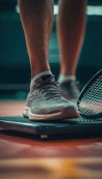 Close-up of a badminton player's feet on a court scale, fitness progress post-game. a racquet leans nearby, emphasizing dedication to health and sport. ideal for sports, fitness, and health-related themes or designs.