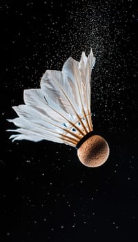 Detailed shot of a badminton shuttlecock in motion, the intricate feathers and cork base. captured mid-air with motion blur to emphasize speed, this image illustrates the dynamic nature of the sport against a dark background.