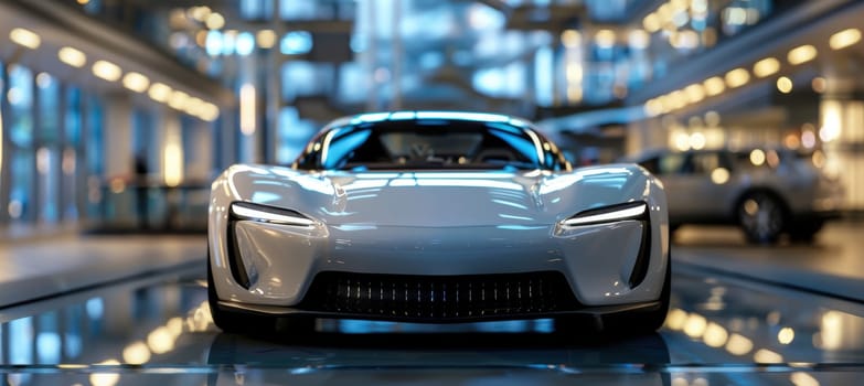 Luxury electric sports car showcased against a futuristic backdrop, featuring a distinctive grille and sleek headlights. the exhibition hall's modern architecture complements the car's innovative design, emphasizing its advanced technology.