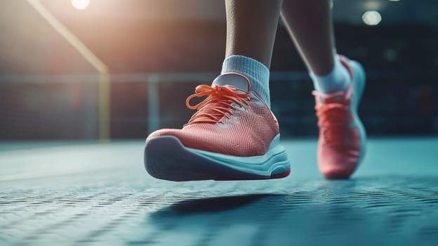 Vibrant badminton shoe focusing on sole grip and design, showcasing movement and agility on a court. perfect for illustrating sports, footwear innovation, or dynamic athletic themes. highlights action, energy, and performance.