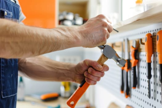 A home improvement enthusiast uses a hammer to fix a shelf, showcasing a bright and organized home workspace equipped with tools. this setting creativity, functional design, and diy projects in a vibrant environment.