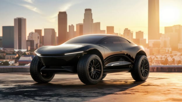 Futuristic electric suv with matte black finish and streamlined design, set against a city skyline at sunset. emphasizing innovation in urban mobility and sustainable transportation, the suv reflects modern aesthetics in a metropolitan backdrop.