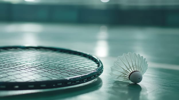 Detailed close-up of a badminton racquet and shuttlecock on a court surface, emphasizing the intricate racquet strings and shuttle features. the image highlights the quality and craftsmanship, perfect for sports, recreation, and equipment themes.