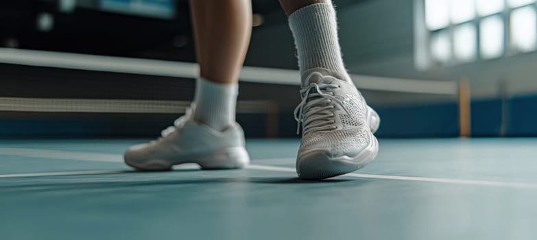 A dynamic shot of a badminton players feet sliding on a court, showcasing agility and the intense energy of competition. the focus on movement highlights the skill and precision required in high-level play, emphasizing athletic dedication.