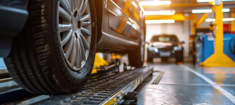 A modern auto repair shop setting features a car undergoing a meticulous tire inspection. the image highlights the precision and attention to detail in maintaining vehicle safety and performance within a professional garage environment.