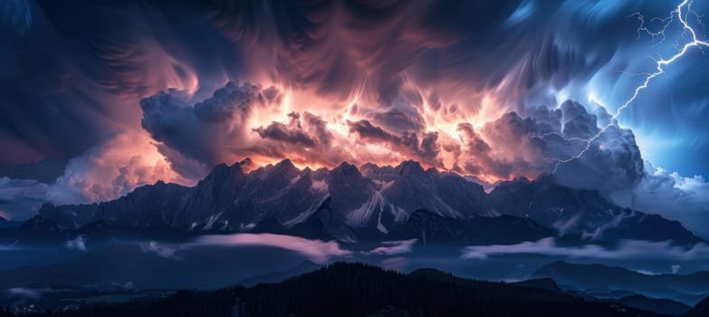 Lightning illuminates dark clouds over rugged mountains, showcasing the power and majesty of a stormy night. the dramatic contrast between jagged peaks and stormy skies evokes a sense of awe and natural grandeur.