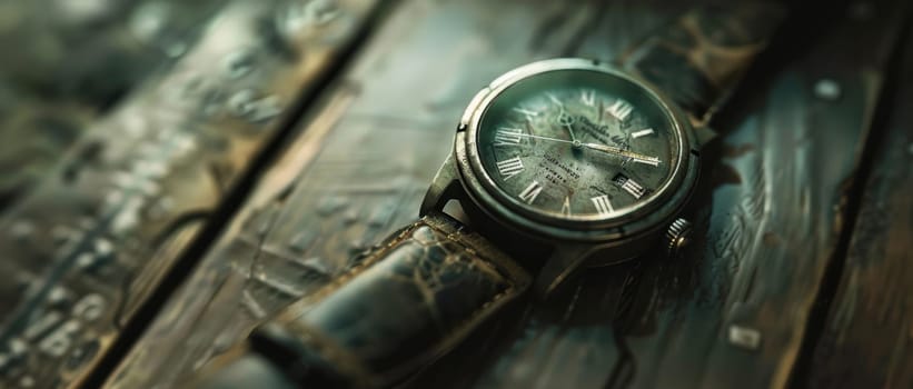 A close-up of a vintage watch resting on a wooden table with hands stopped, symbolizing timeless stories and the passage of time. the intricate details of the watch and wood grain evoke a sense of nostalgia and history.