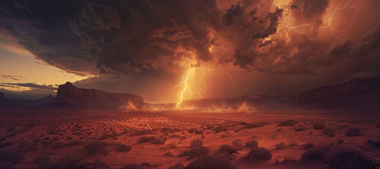 Striking photograph of a lightning storm over a vast desert landscape, with brilliant bolts illuminating the night. the scene highlights the immense power and beauty of natural forces, creating a dynamic, awe-inspiring visual perfect for posters.