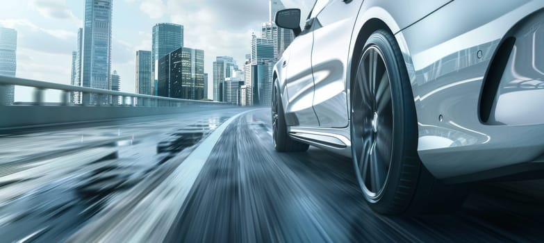 Modern sedan navigates a sleek highway, advanced tire tread design for optimal safety and efficiency. the dynamic cityscape backdrop emphasizes the fusion of innovation and urban mobility, capturing the essence of modern transportation.