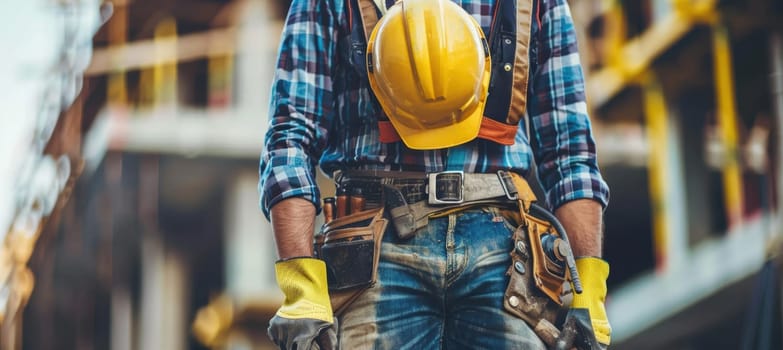 A construction worker displays precise hammering techniques while equipped with full safety gear. emphasizing the importance of workplace safety, the image showcases tools in the tool belt and a background of an active construction site.