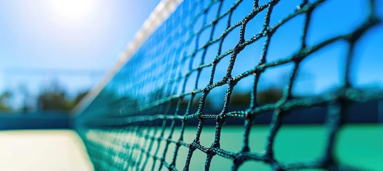 A close-up view of a badminton net in the process of being set up, silhouetted against a vibrant blue sky. the scene captures a sense of preparation and readiness, with a blurred background a sunny day on the sports court.