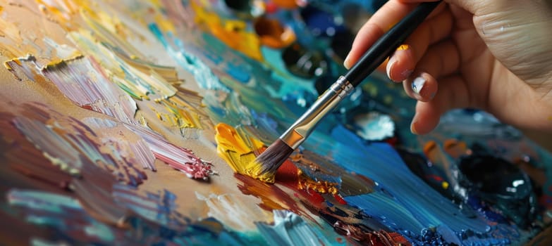 Close-up of an artist's palette with subdued yet vibrant colors, featuring a hand holding a brush above. an abstract work in progress is visible on the canvas background, showcasing dynamic and colorful brush strokes.