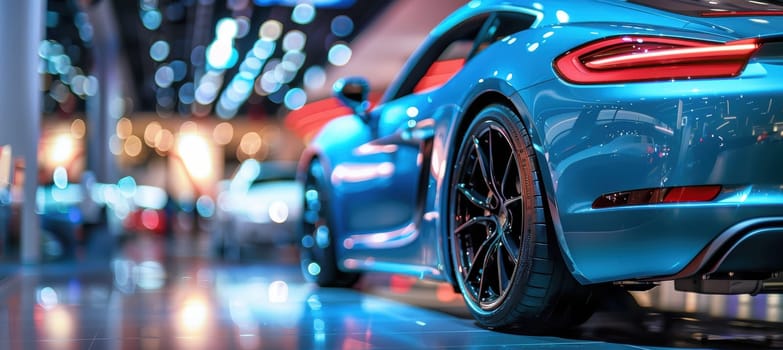 Sleek sports car with sharp angles showcased in a luxury dealership. the vibrant blue paint and modern design emphasize high performance and style, set against a blurred bokeh background the vehicle's elegance.
