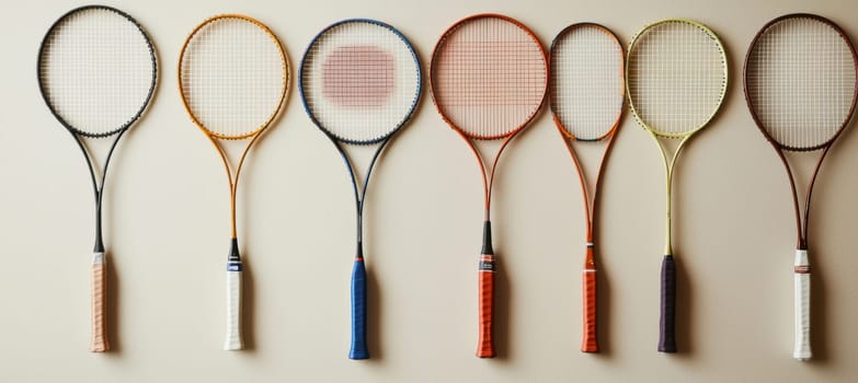 A collection of badminton racquets displayed against a neutral backdrop, an array of diverse grips, head shapes, and vibrant string colors. an ideal visual for showcasing sports equipment diversity and design options.