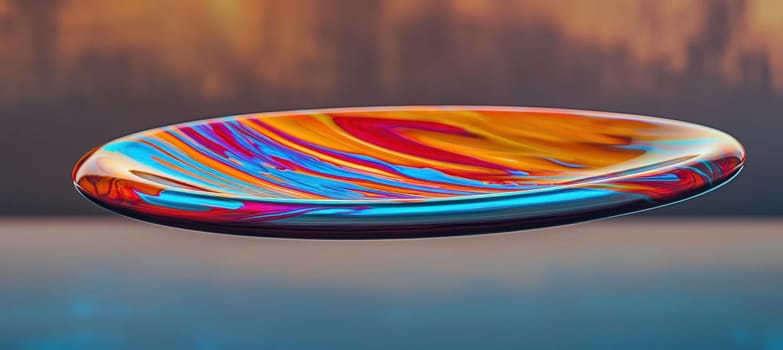 High-resolution photo of a frisbee prominently displaying its unique aerodynamic design with vibrant color patterns. the background features a softly blurred gradient, the frisbee's professional-grade construction for enthusiasts.