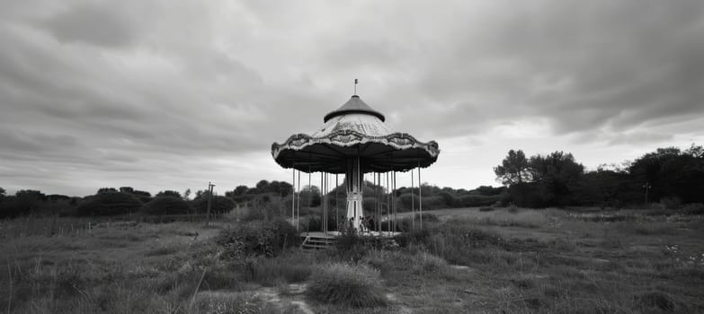 Black and white photo of a deserted carousel amid an overgrown field, conjuring nostalgia and forgotten joy. the desolate atmosphere, coupled with stark contrasts, emphasizes the passage of time and the eerie stillness of the scene.