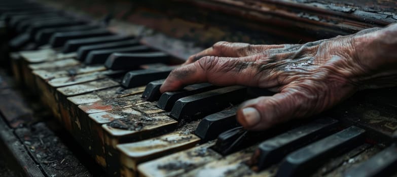 Close-up of a person's hand resting on a worn piano keyboard, the texture and aged condition of the instrument. the image evokes nostalgia and emotional depth through the visible wear, suggesting a rich history.