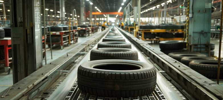 Newly produced tires move along a conveyor belt in a large manufacturing plant. the image highlights the efficiency and scale of modern tire production, showcasing the industrial setting and advanced technology used in the process.