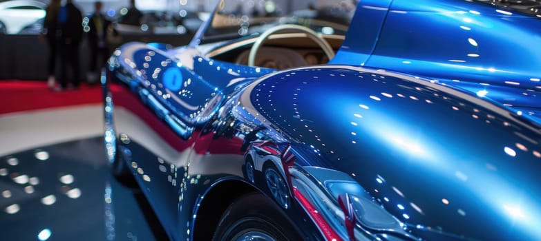 Futuristic concept car featuring sleek curves and a metallic blue finish on display at an auto show, showcasing innovative design elements with reflections its advanced engineering and aesthetic appeal in a dynamic setting.