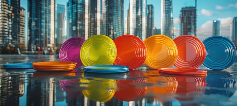A dynamic display of colorful frisbees featuring unique designs set against a sleek city skyline. emphasizing innovation and modern style, this scene blend of vibrant sports gear with urban sophistication.