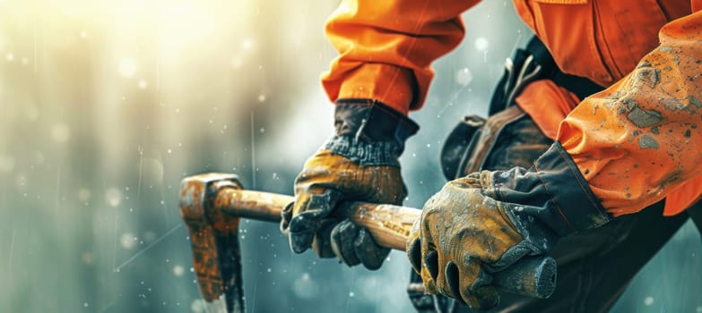 Worker at a construction site using a hammer while fully equipped with safety gear, including a hard hat, gloves, and safety glasses, emphasizing the importance of safety regulations and personal protective equipment in hazardous environments.