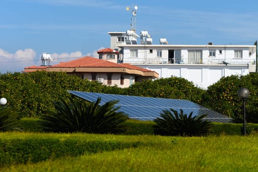 Bright sunshine illuminates solar panels while modern buildings rise behind flourishing tropical plants and trees.