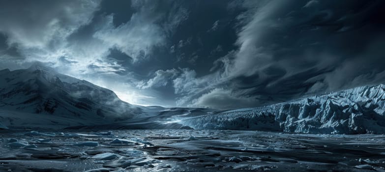 Glacier landscape beneath a stormy sky with dark clouds casting shadows over the ice, nature's raw beauty and power. dramatic contrast between the rugged glacier and turbulent atmosphere creates a breathtaking scene.