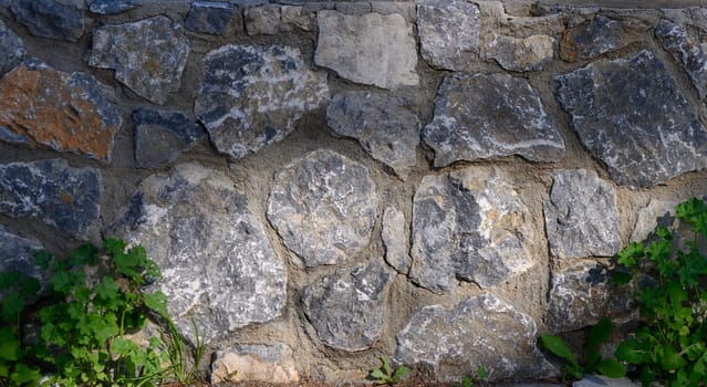 A beautiful stone wall, with sunlight casting shadows, showcases textured rocks alongside lush green plants.