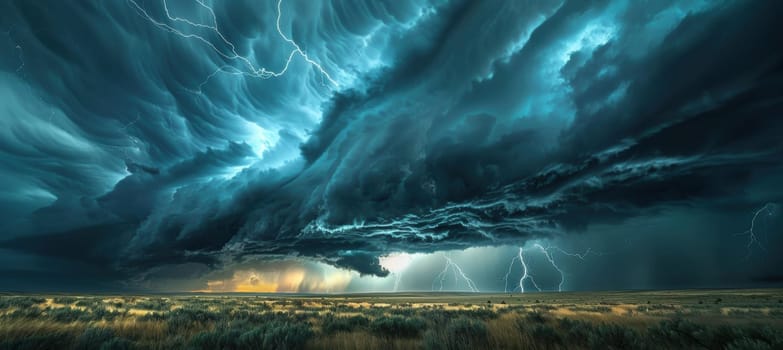 Thunderstorm rolling across a vast prairie, with lightning dramatically illuminating the dark clouds above. showcasing the intense power and beauty of nature, the scene captures a vivid contrast between ominous skies and serene land.