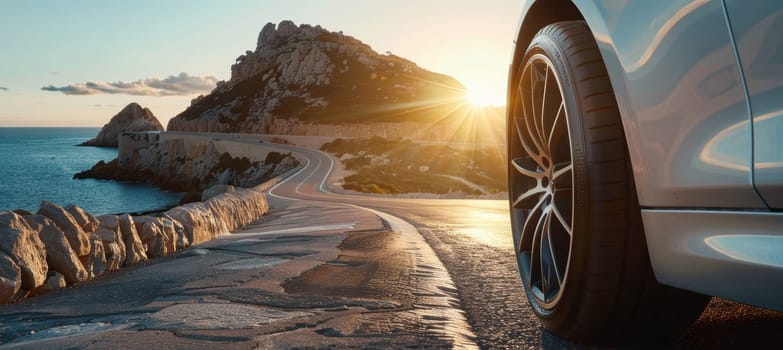 Luxurious sedan navigating a winding coastal highway during sunset, showcasing premium tire tread. the sun's rays highlight performance and safety features, while the scenic landscape emphasizes travel and adventure.
