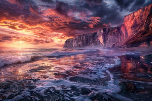 Dramatic coastline during dawn showcases rocky cliffs with waves crashing against them. the vibrant sky's colors reflect vividly in the water, creating a powerful visual effect. ideal for landscape photography and dramatic scene enthusiasts.