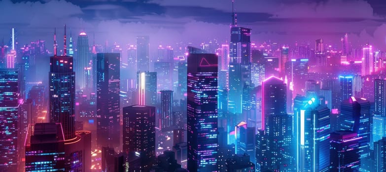 Futuristic cityscape featuring towering skyscrapers illuminated by neon lights, creating a vibrant, energetic atmosphere. the scene evokes the excitement of urban life, showcasing modern architecture and a lively, bustling night skyline.
