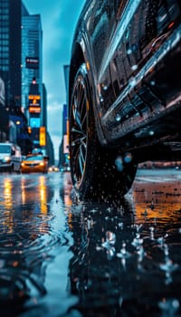 Modern car navigating a rain-soaked city street, its cutting-edge tires effectively dispersing water. the scene captures urban mobility, emphasizing control and grip, with vibrant reflections from city lights.