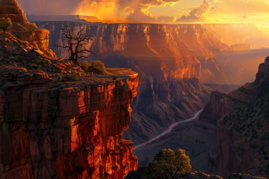 Majestic canyon scene at sunrise with illuminated cliffs and a flowing river. the rich colors and dynamic lighting evoke wonder and appreciation for natural beauty, making it ideal for travel and nature design use.