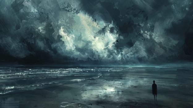 A solitary figure stands on a stormy beach at dusk, surrounded by crashing waves and an ominous, cloud-filled sky. the dramatic lighting and turbulent atmosphere highlight themes of solitude and the power of nature.