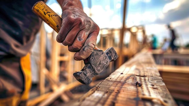 A construction worker's hand grips a hammer, poised to drive a nail into a wooden plank. the dynamic background shows a busy construction site, emphasizing precision, skill, and the vital role of craftsmanship in carpentry.